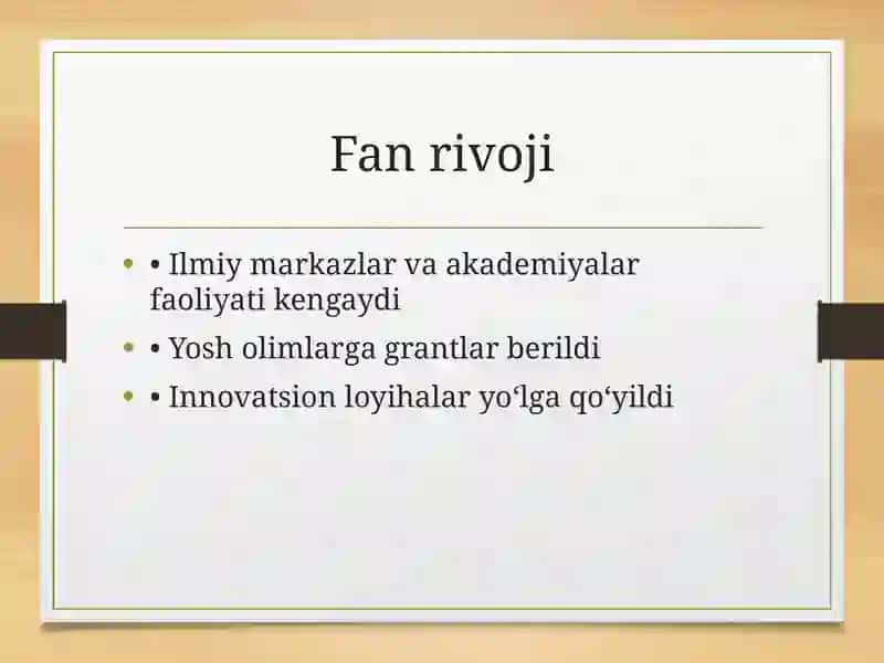 Mustaqillik yillarida O’zbekiston fan, ta’lim, sport, san’at, adabiyot va sog’liqni saqlash tizimi rivoji 4
