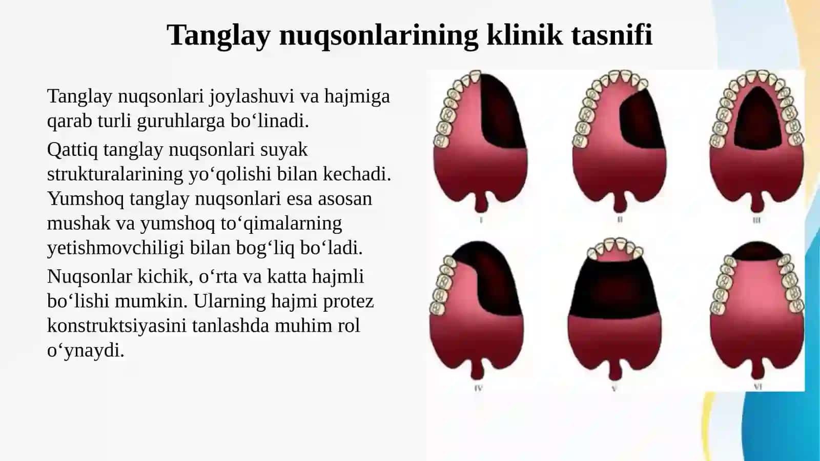 Tish jag tizimi qattiq va yumshoq tanglayning turli nuqsonlarini protezlashda umumiy amaliyot shifokor stomatologining anaanviy va raqamli texnologiyalar usullarini bilishi profilaktik korik asorat turlari birinchi yordam korsatish 4