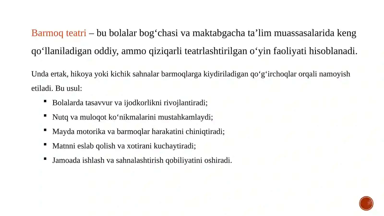 MAKTABGACHA TA'LIM TASHKILOTIDA BARMOQ TEATRINI TASHKIL ETISH 4