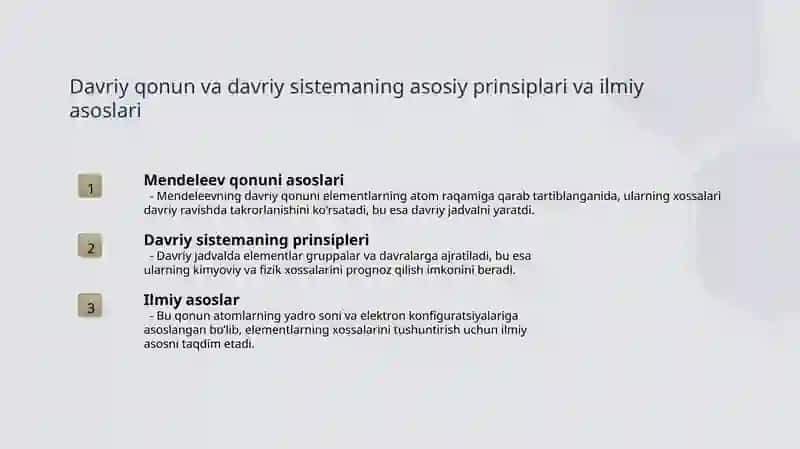 Mendeleevning davriy qonuni va davriy sistemasini o'qitish metodikasi 4