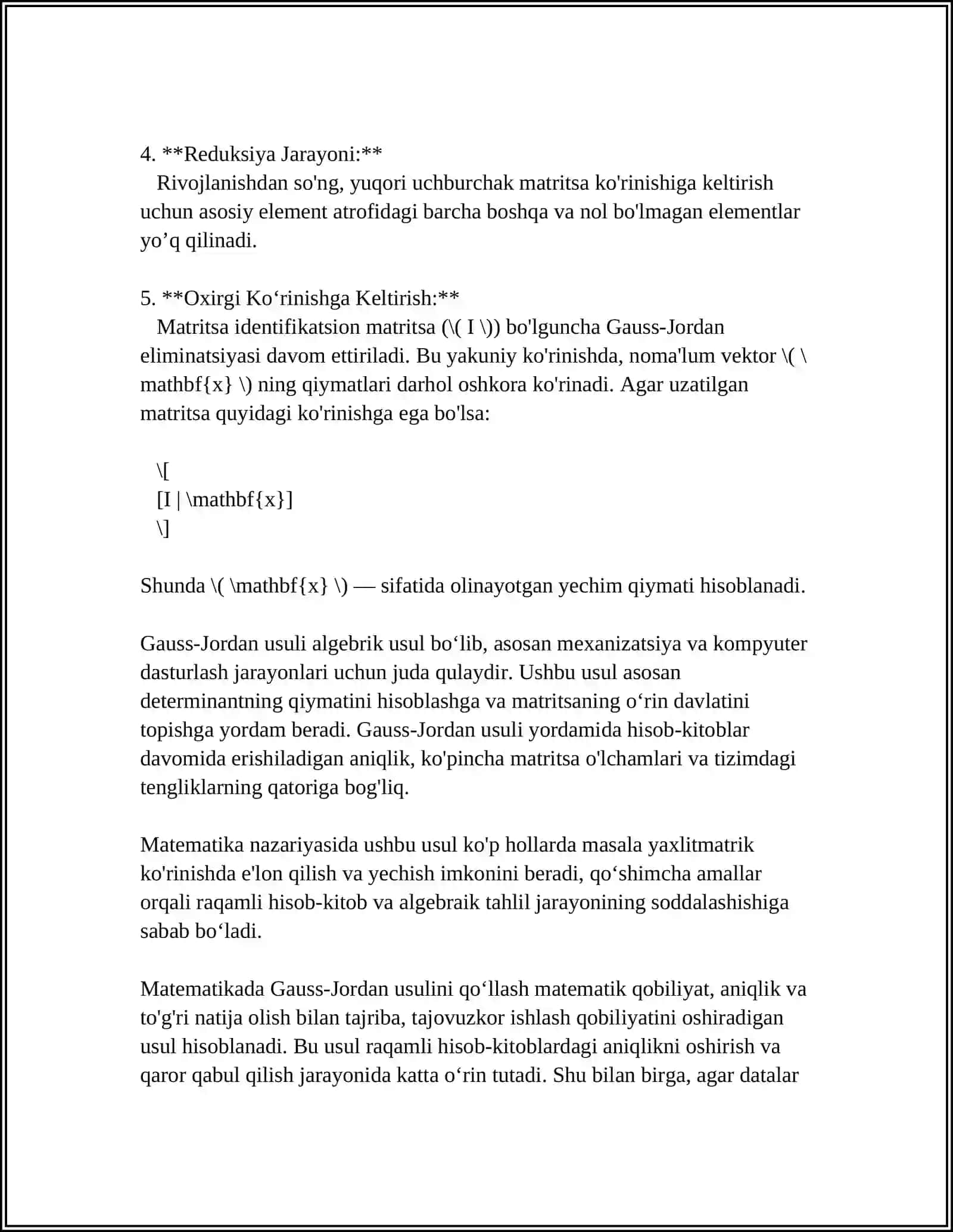 CHIZIQLI ALGEBRIK TENGLAMALAR SISTEMASINI YECHISHNING GAUSS-JORDAN USULI 4