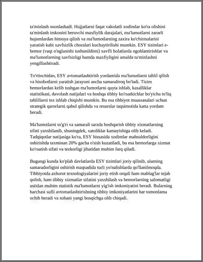 Elektron sog‘liqni saqlash yozuvlarini (ESY) avtomatlashtirish va integratsiyasi 4