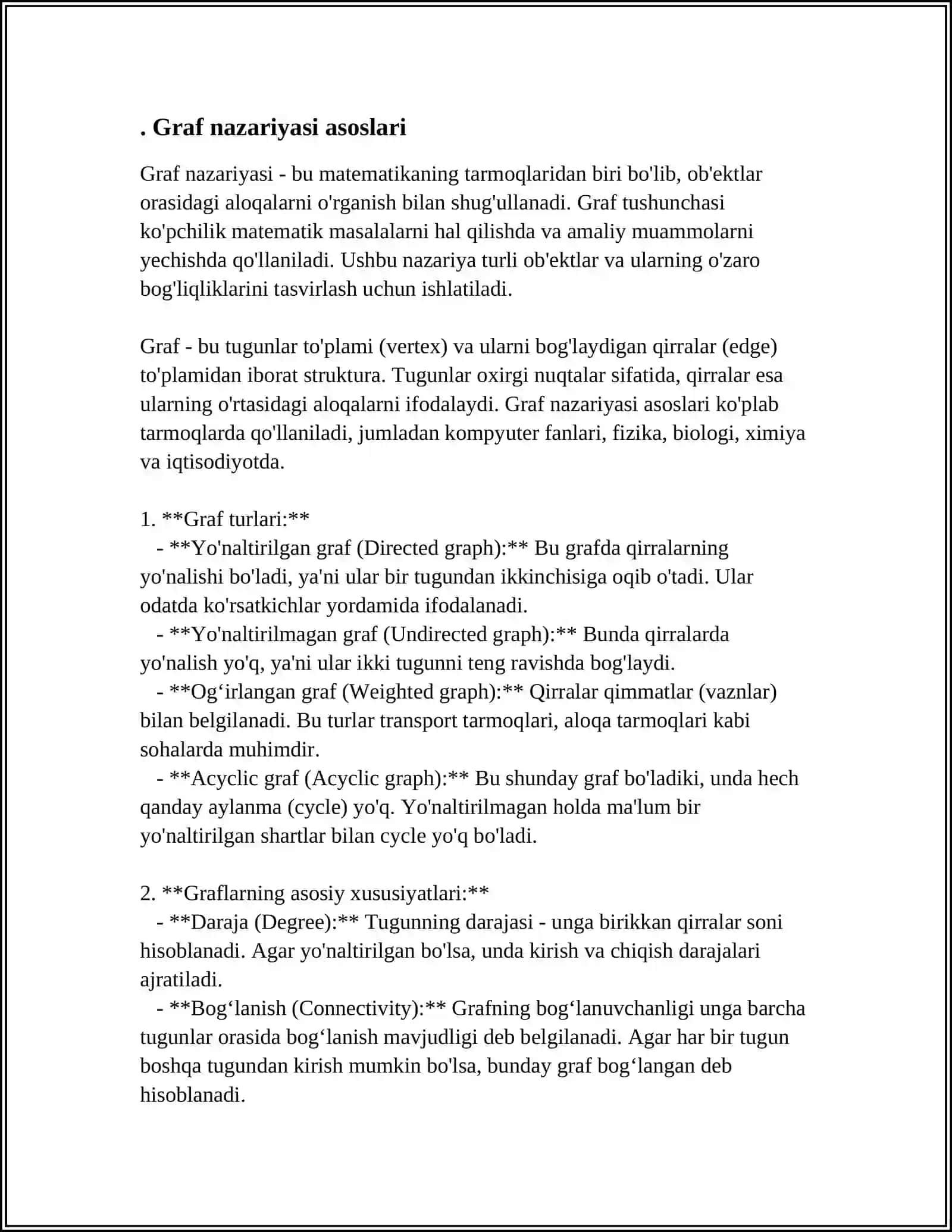 GRAFLARNI DASTURLASHTIRISH TILIDA TASVIRLASH USULLARI.ENG QISQA YOLDA TOPISH ALGORITMLARI 4