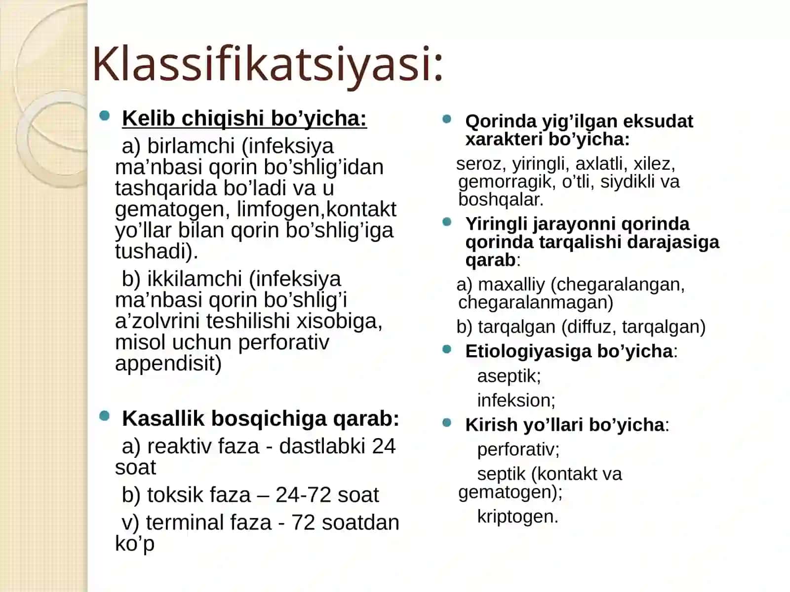 Peritonit. Birlamchi va ikkilamchi peritonitlar. Peritonit asoratlari 4