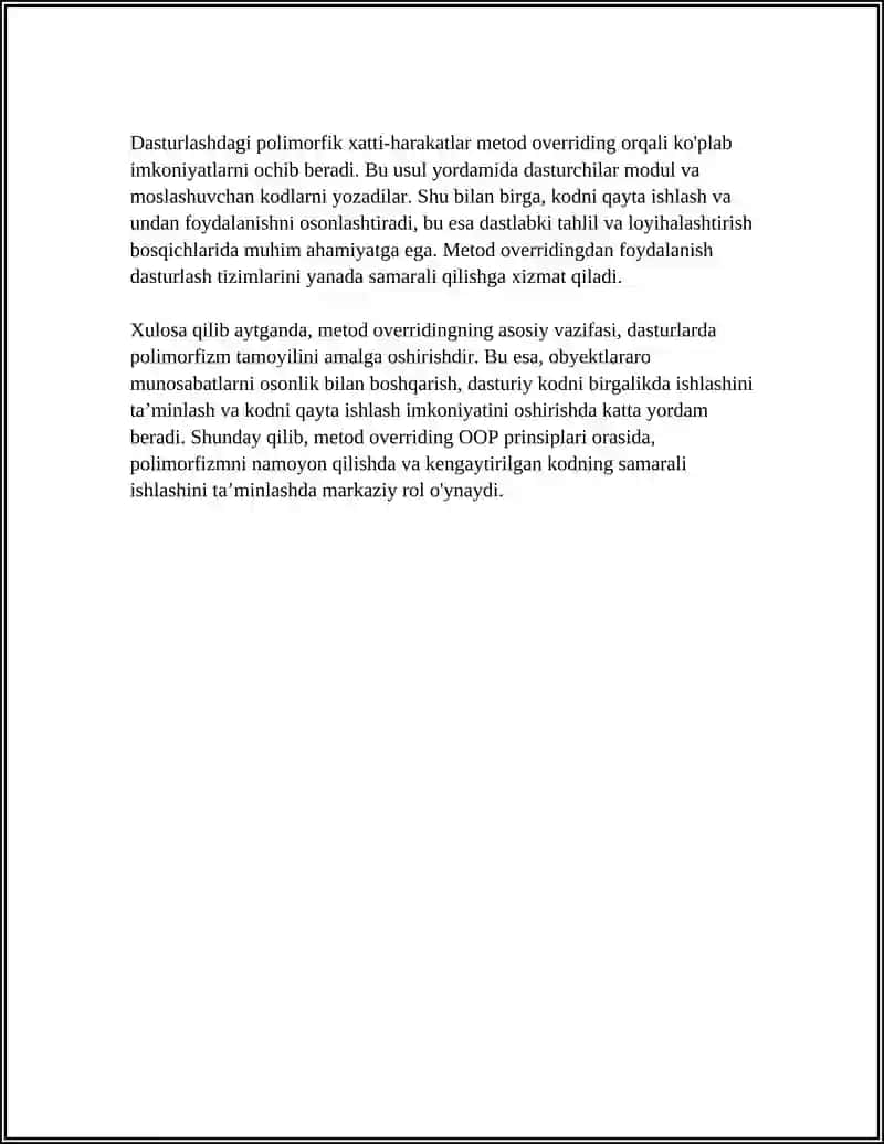 METHOD OVERRIDING NIMA VA NEGA POLIMORFIZMDA ASOSIY ROL O'YNAYDI 4
