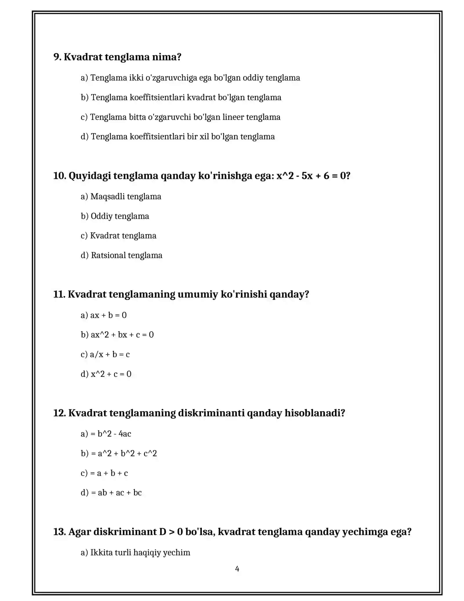 ALGEBRA: KVADRAT TENGLAMALAR VA ULARNING YECHIMLARI 4