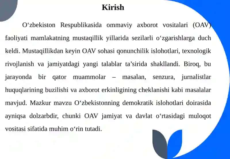 O‘ZBEKISTON RESPUBLIKASIDA OMMAVIY AXBOROT VOSITALARINING FAOLIYATI 4