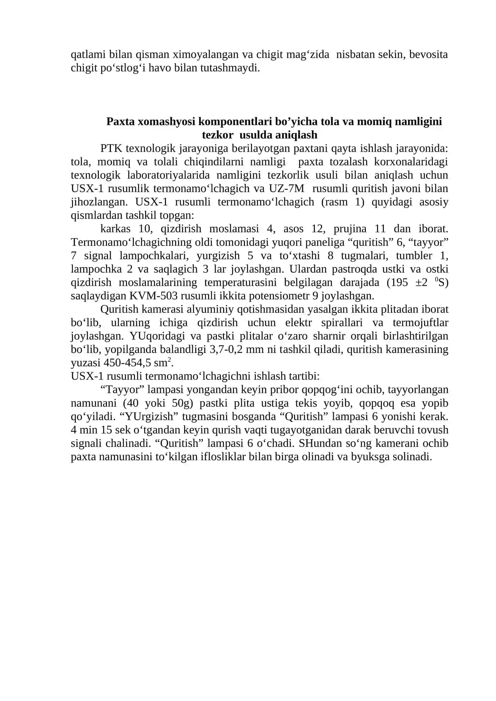 Paxta va uni komponentlari o‘rtasida namlikni taqsimlanishini aniqlash 4