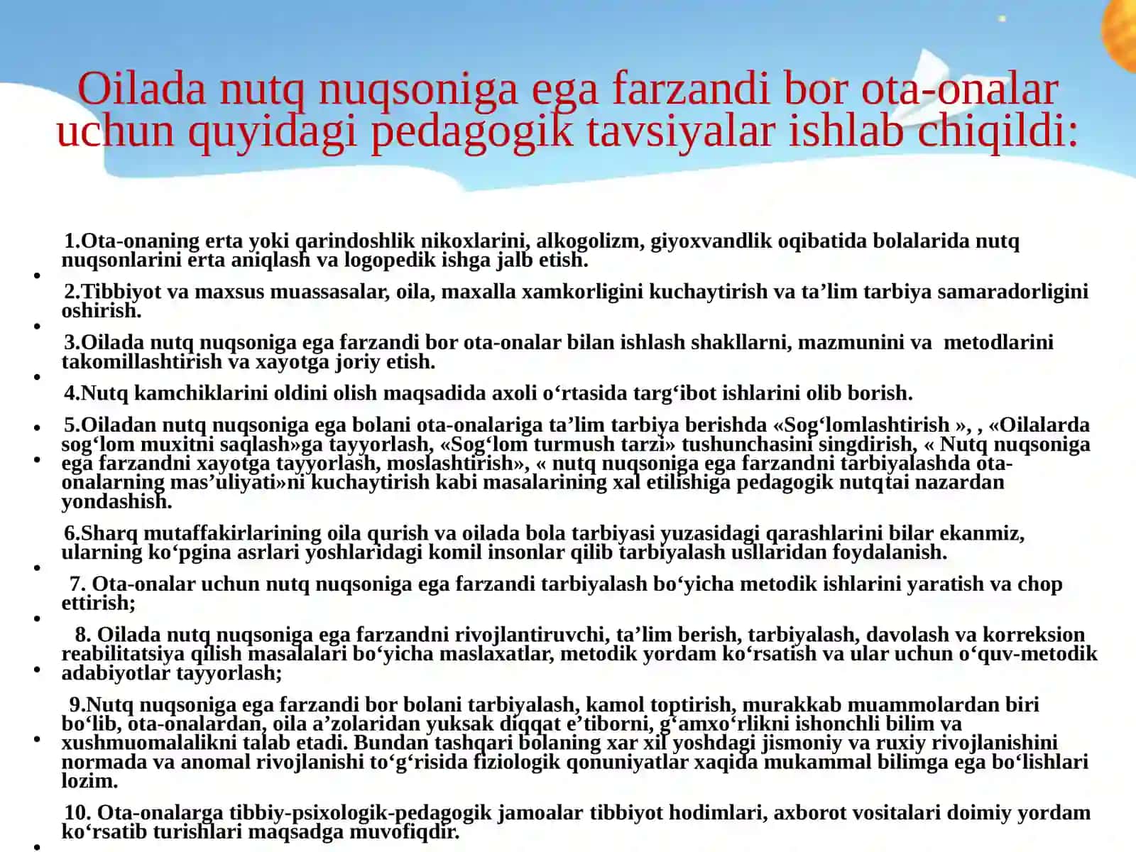 Nutq kamchiligiga ega bo’lgan bolalar bilan oilada olib boriladigan korreksion-logopedik ish mazmuni 4
