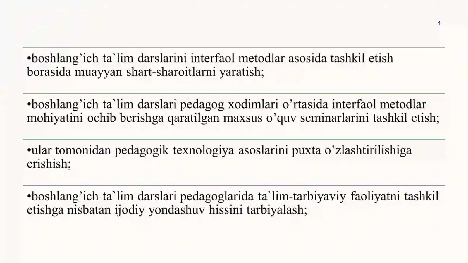 BOSHLANĜICH TA'LIMDA "TARBIYA" DARSLARINI TASHKIL ETISHDA INNAVATSION YONDASHUVLAR 4