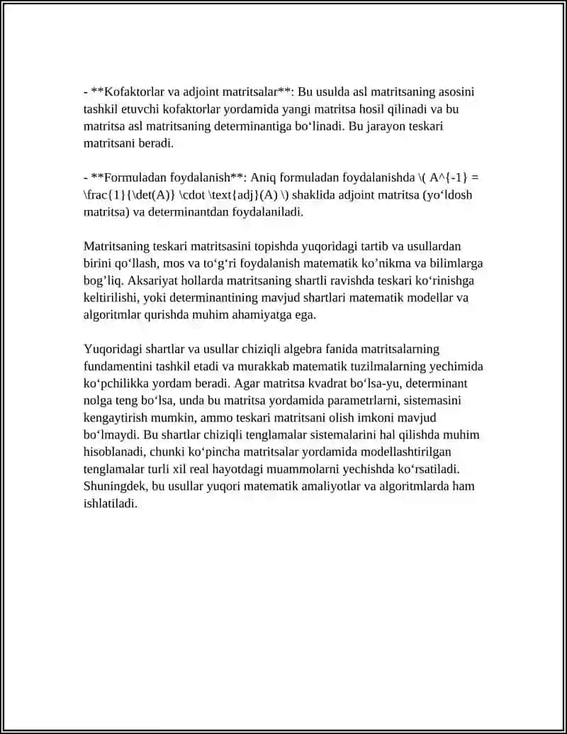 CHIZIQLI ALGEBRA FANIDAN TESKARI MATRITSANI TOPISH USULI 4