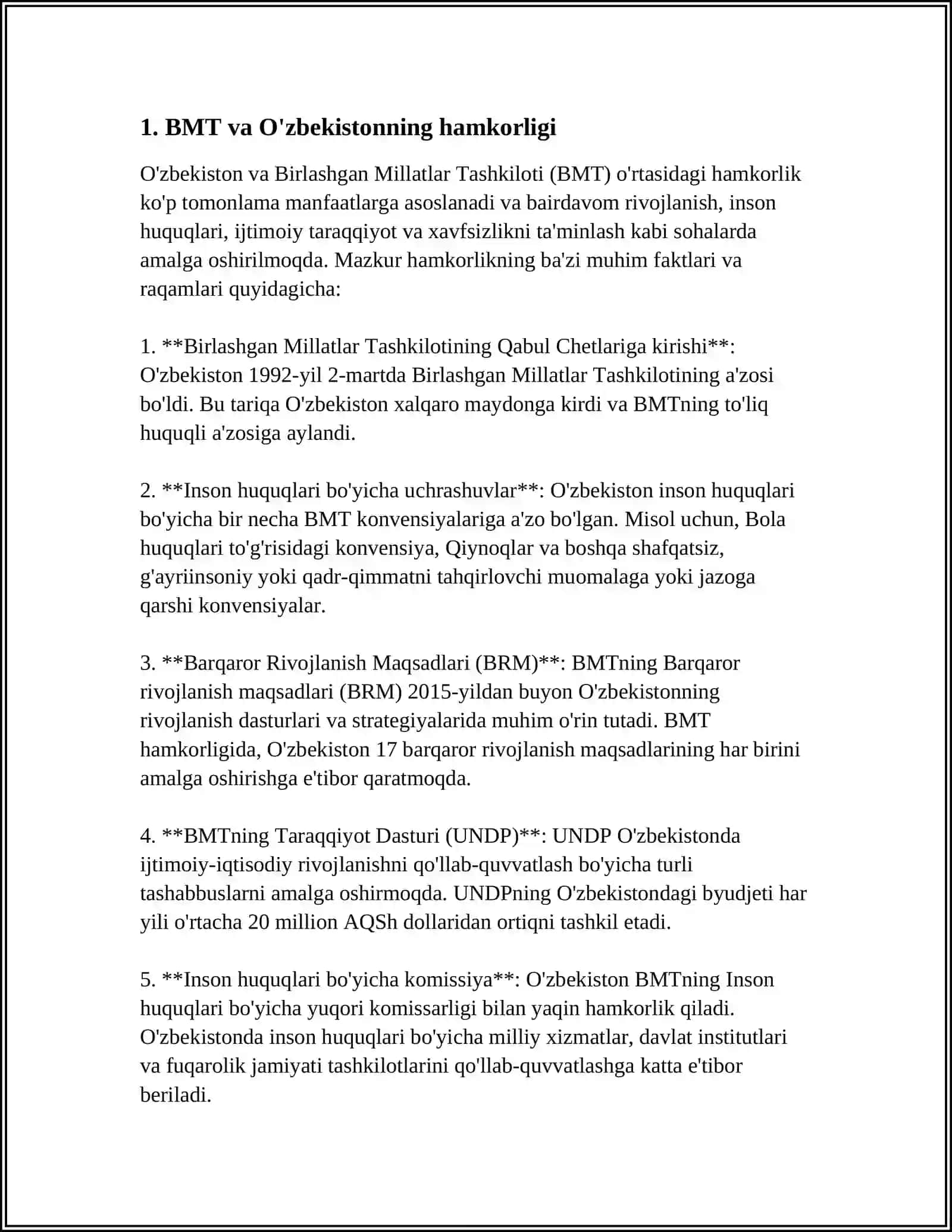 O'ZBEKISTONNING XALQARO TASHKILOTLAR BILAN HAMKORLIK ALOQALARI 4