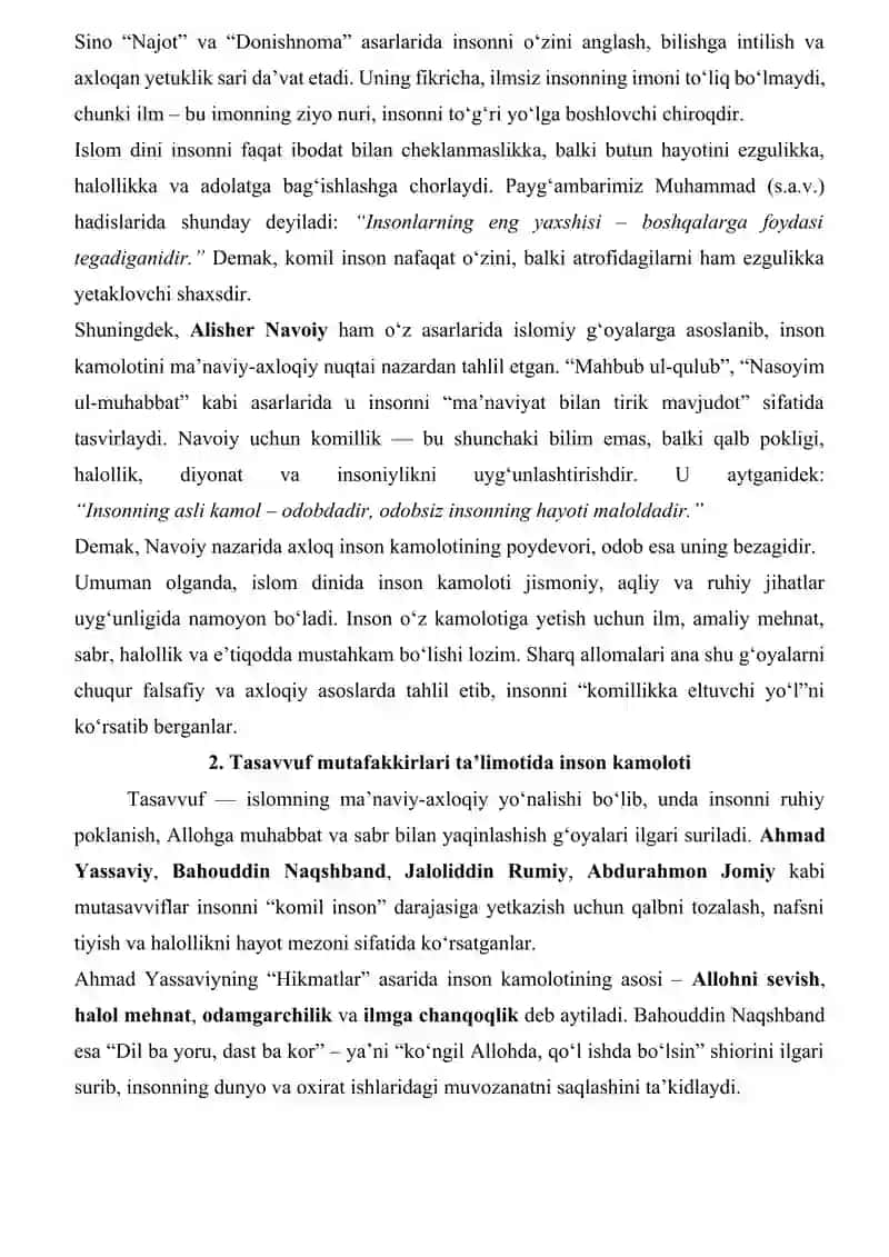 Sharq mutafakkirlarining Islom dinining inson kamolotiga ta’siri haqidagi g‘oyalari. Mustaqil ish ESSE 4