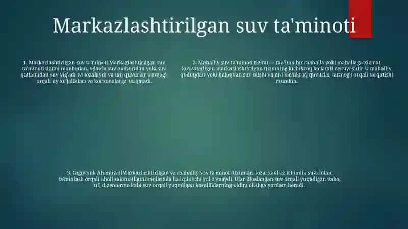 Mahalliy Va Markazlashgan Suv Ta'Minoti Haqida Tushuncha Ularning Gigiyenik Ahamiyati 4