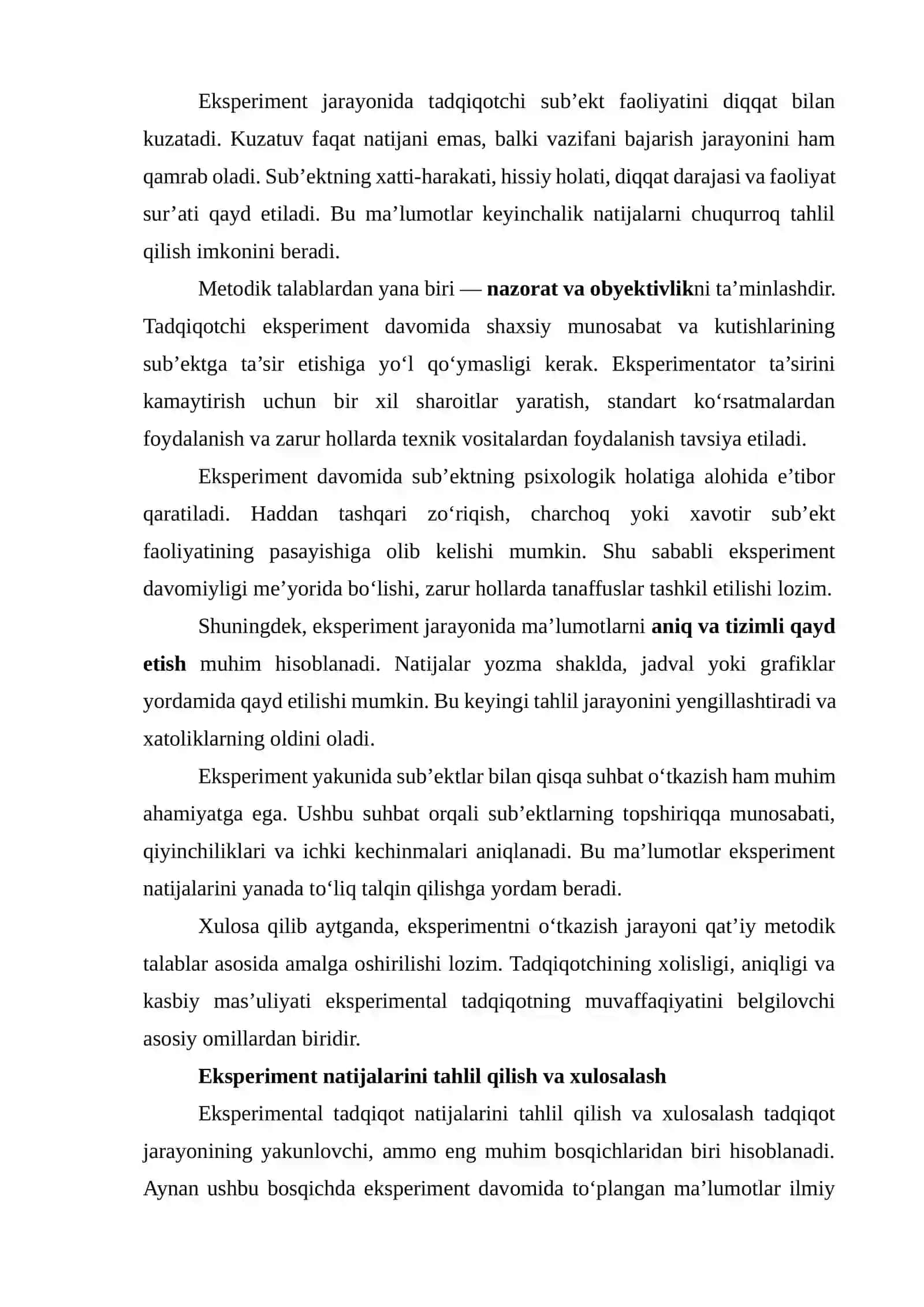 Eksperimental tadqiqotni tashkil etish va o‘tkazish 4
