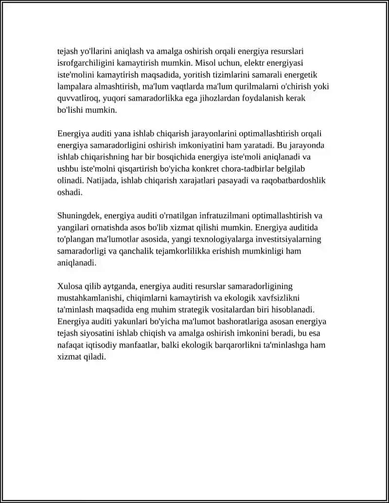 ENERGIYA AUDITI TUSHUNCHASI. ENERGIYA SAMARADORLIGINI OSHIRISH VA ENERGIYA TEJASH BOYICHA KOʻRSATMALAR 4