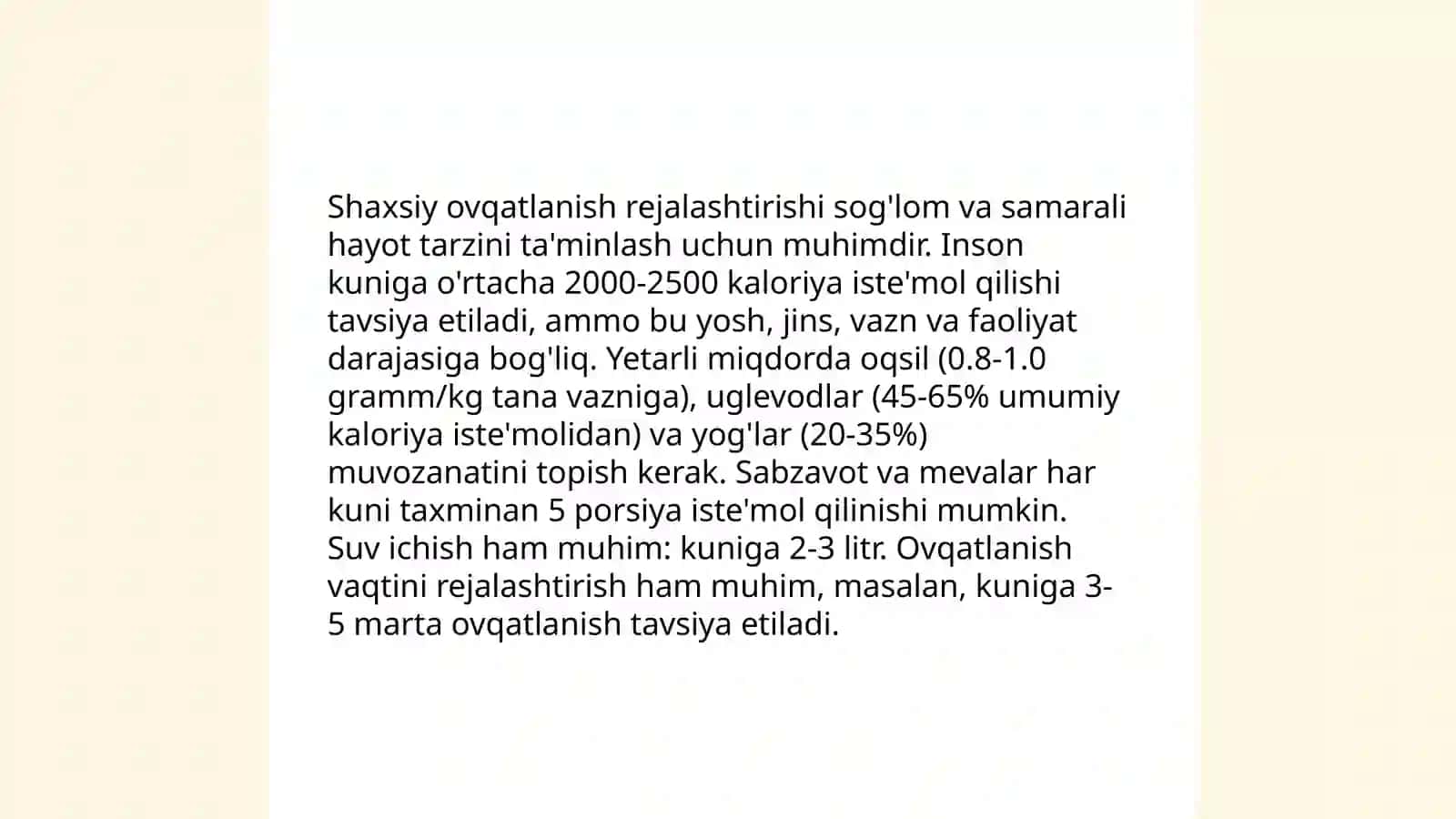 Menyu taqdimoti bo‘yicha shaxsiy ovqatlanishga baho berish 4