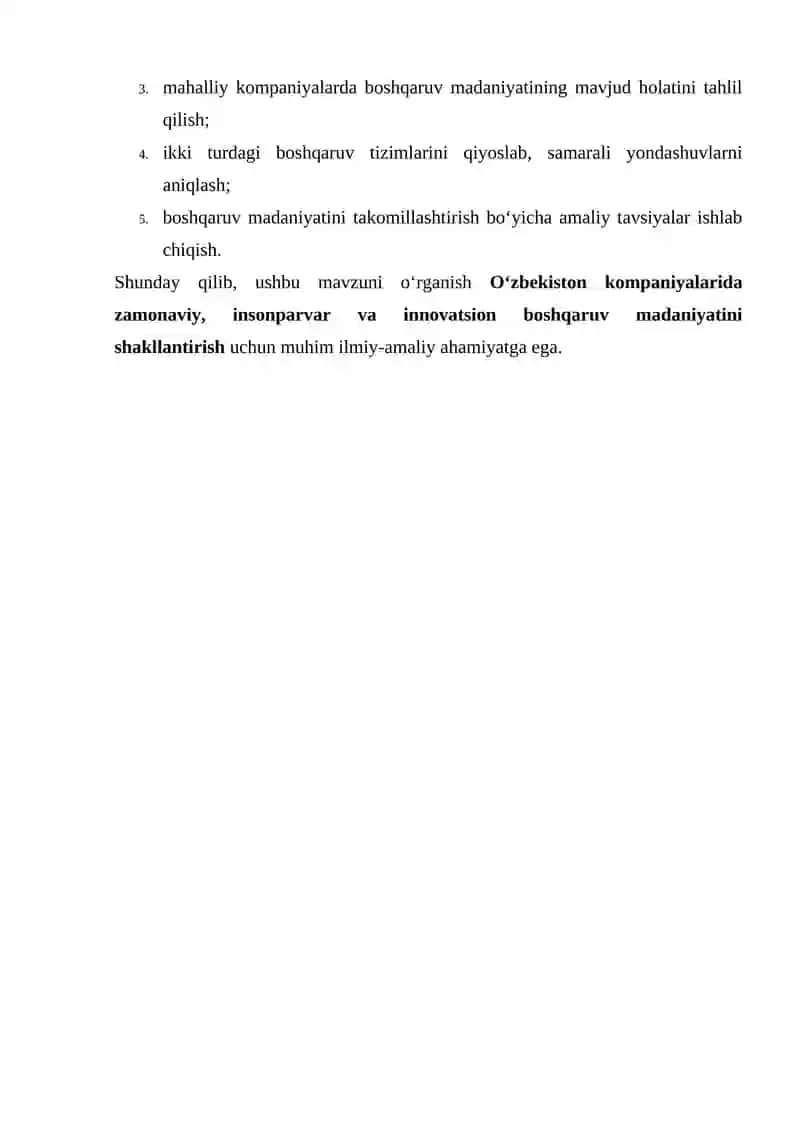 XORIJIY VA MAHALLIY KOMPANIYALARDA BOSHQARUV MADANIYATINI QIYOSLASH VA BERILGAN MUOMMONI KENG TAHLIL QILISH 4