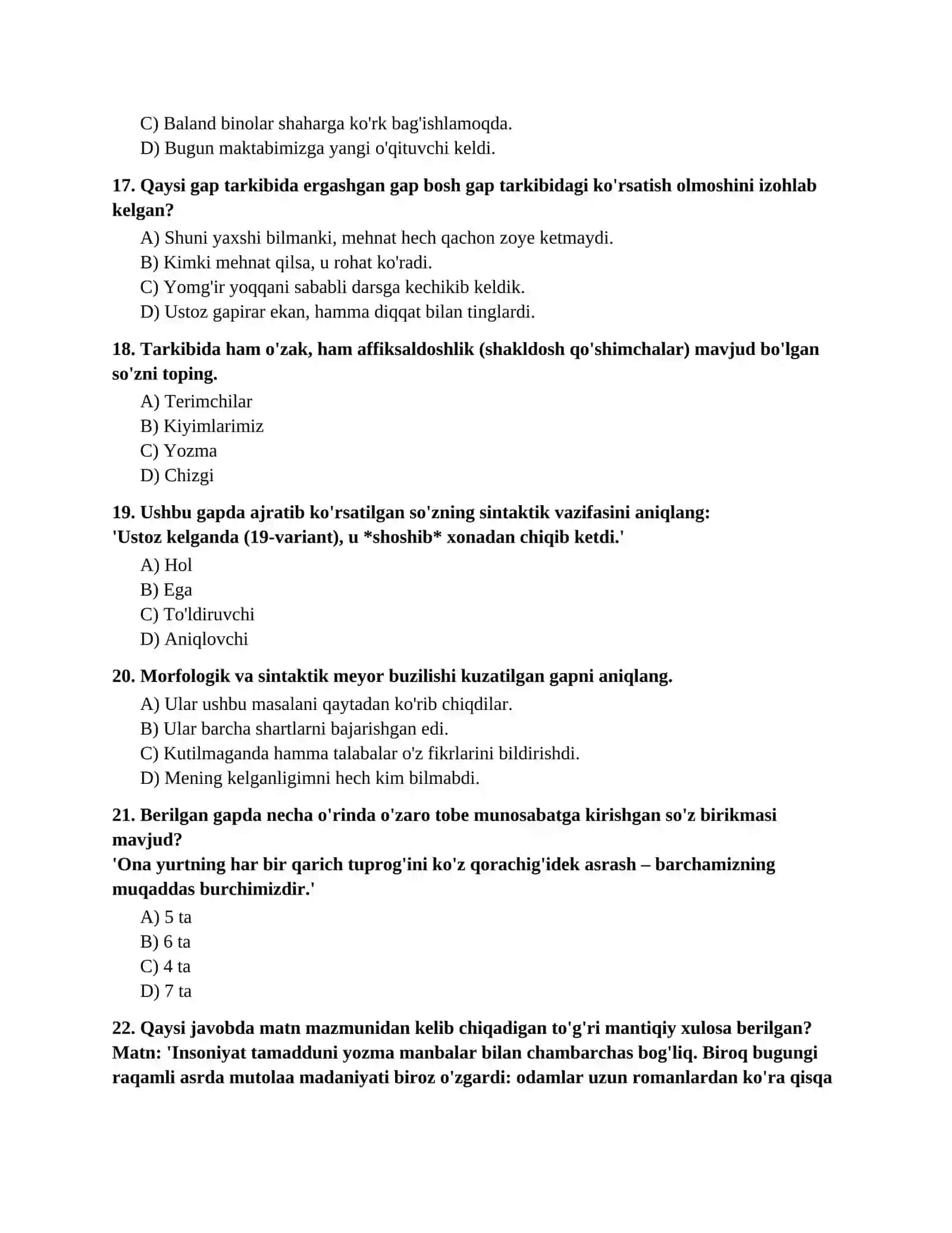ONA TILI MILLIY SERTIFIKAT IMTIHONI ANDOZASIDAGI YANGI TIPDAGI TESTLAR TOPLAMI (100 TA SAVOL) 4
