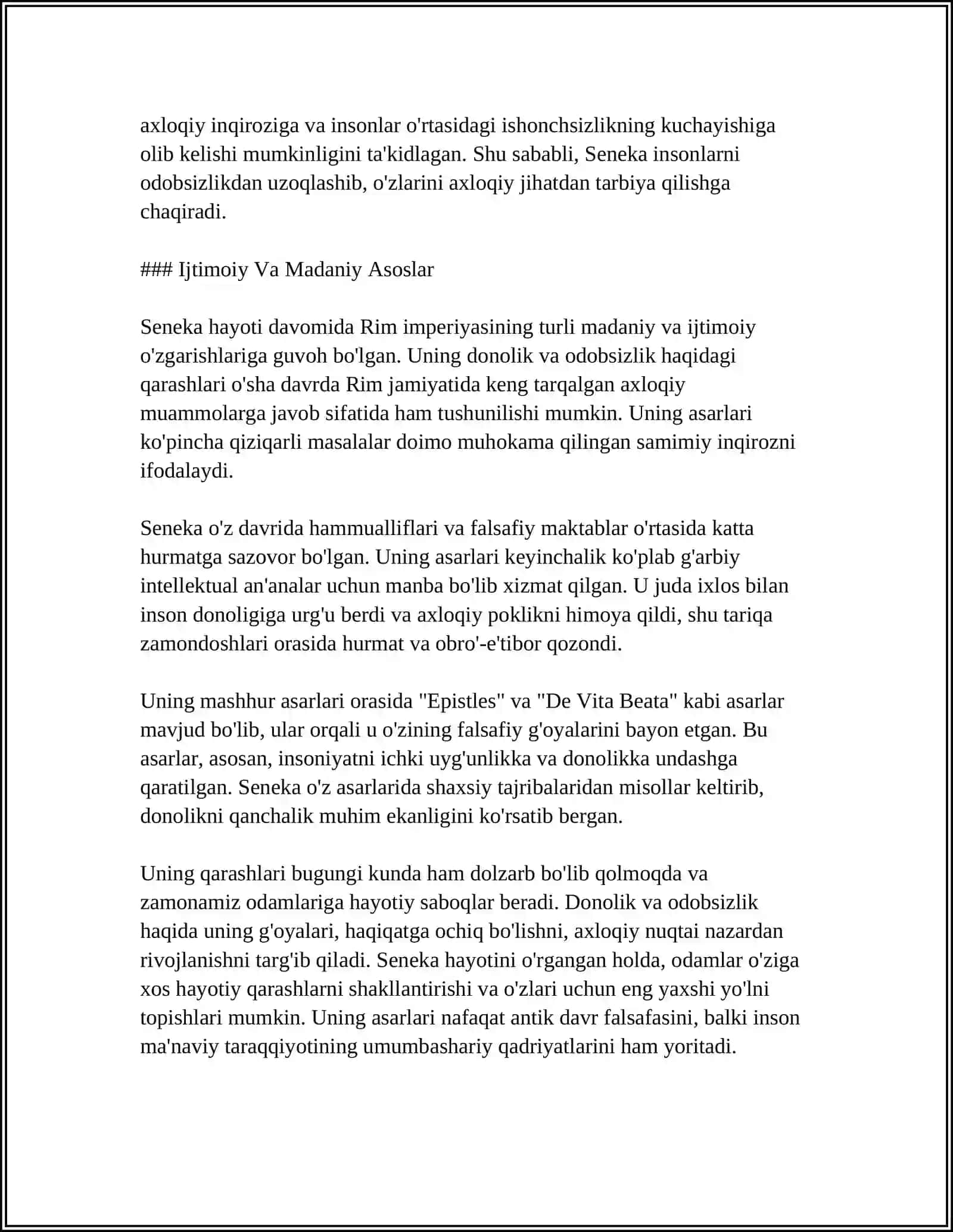SENEKANING "LUTSILIYGA AXLOQIY XATLARI" ASARINI O'QISH VA SHU XATLAR ASOSIDA TALABALARNING O Z HAYOTI VA FAOLIYATIGA BAHO BERILGAN ESSE TAYYORLASH 4