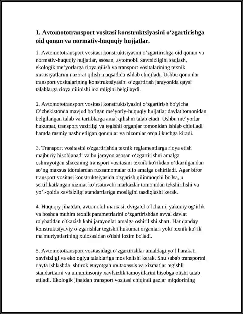 AVTOMOTOTRANSPORT VOSITASI KONSTRUKSIYASINI OʻZGARTIRISHNING HUQUQIY JIHATLARI. HARAKAT XAVFSIZLIGI BOʻYICHA OʻQUV VA TARGʻIBOT ISHLARINING AHAKARIMBOYEV MIRZO HAMDA OʻGʻLIMIYATI 4