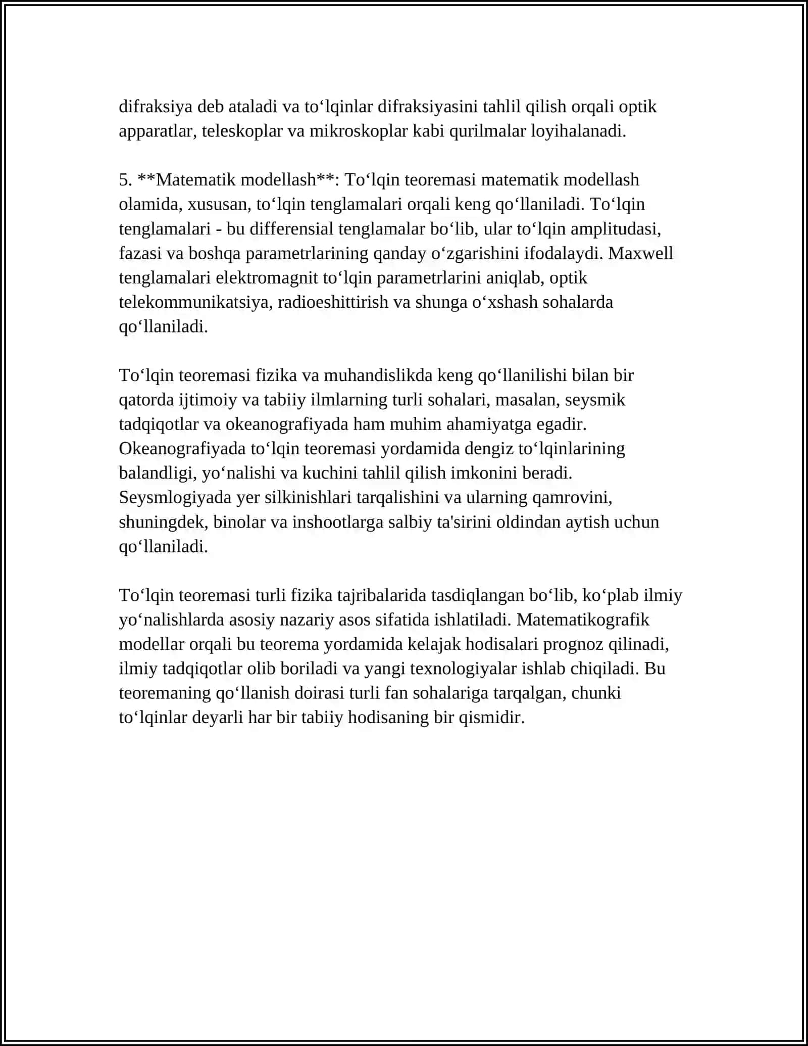 TEBRANISHLAR VA TO‘LQINLAR KABI FIZIK JARAYONLARGA QATORLARNING TATBIQLARI 4