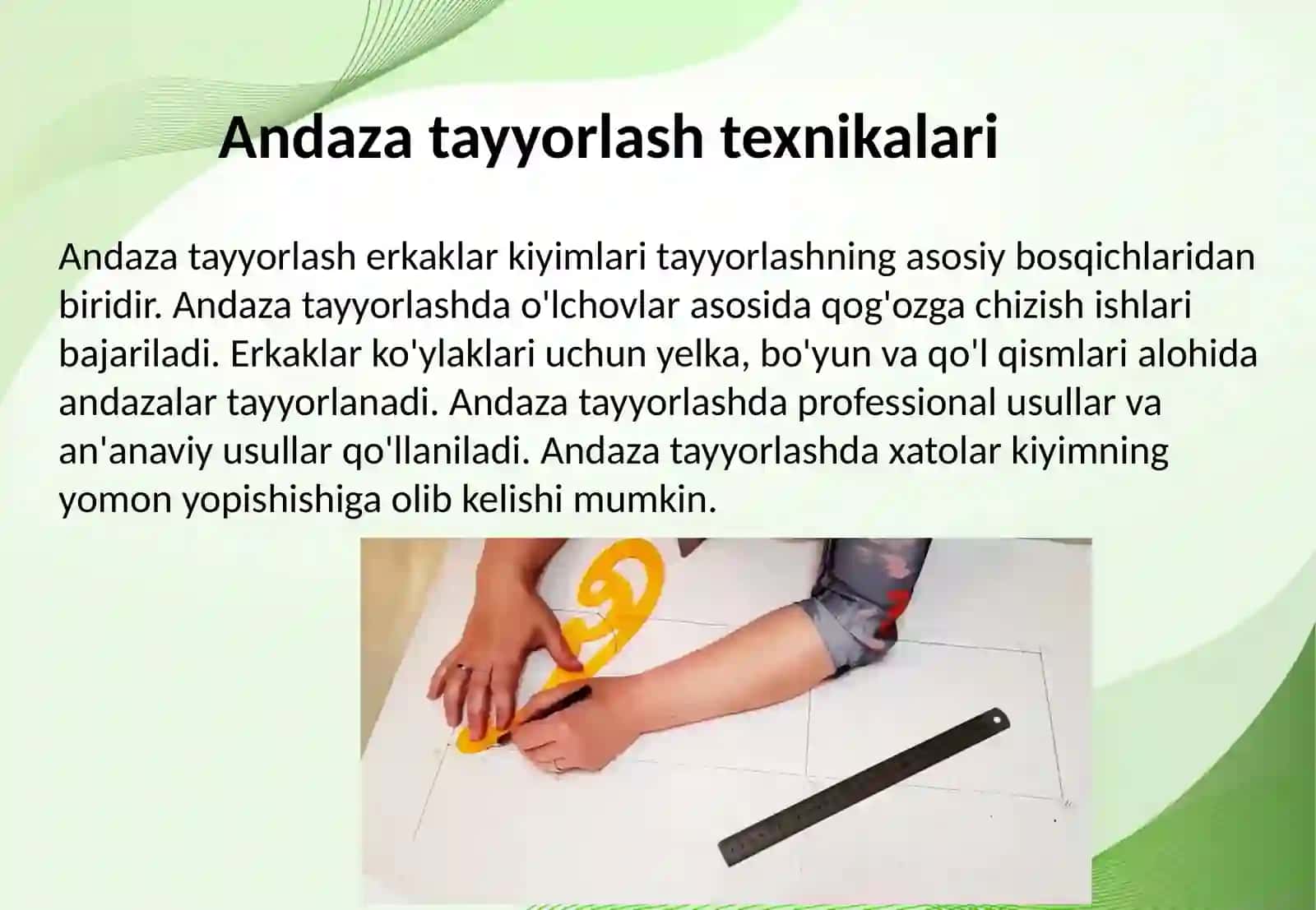 Erkaklar kiyimlariga andaza tayyorlash va bichish-tikish 4