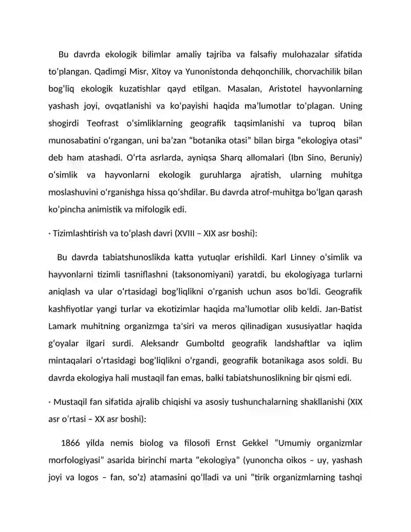 Ekologiya fanining shakllanishi va rivojlanishiga hissa qo‘shgan omillar 4