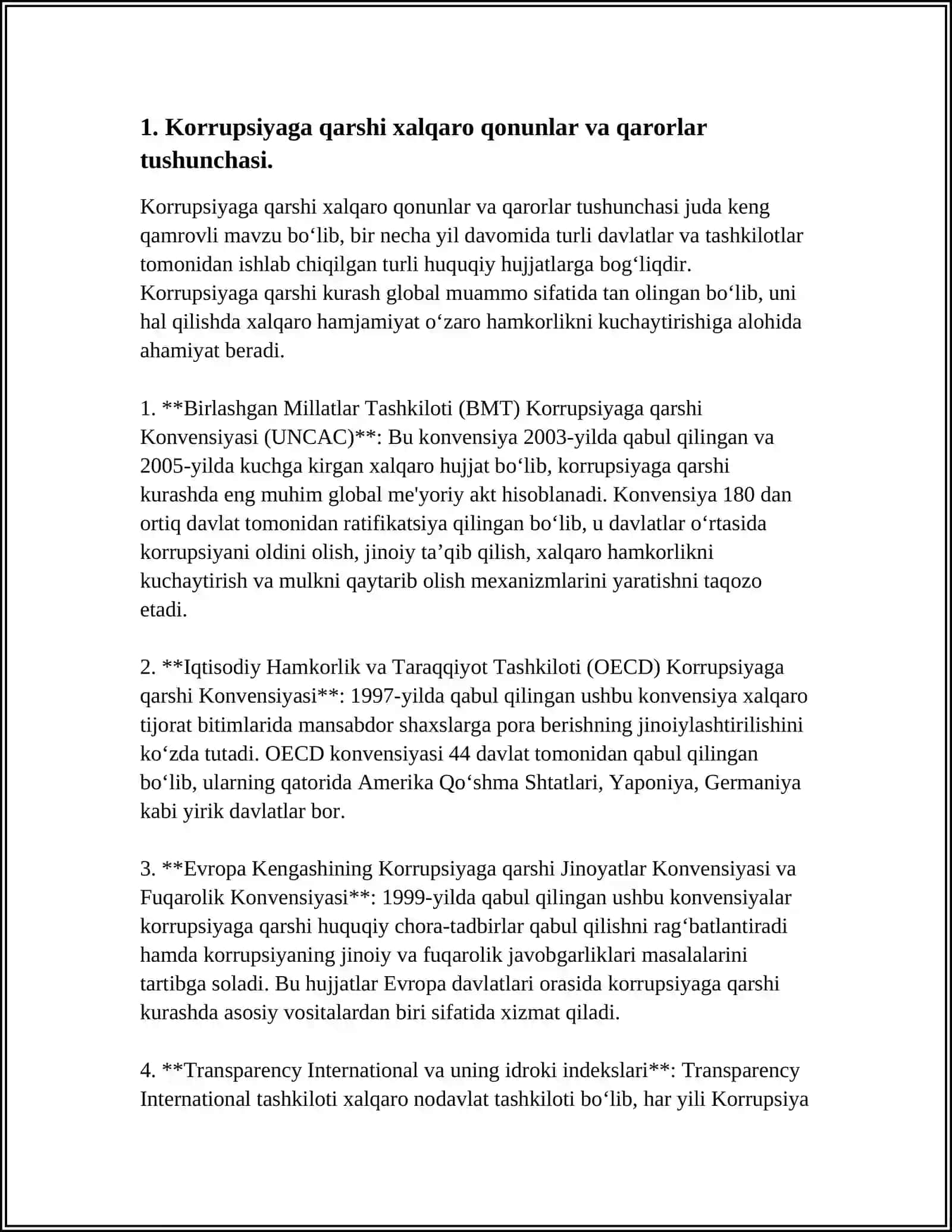 Korrupsiyaga qarshi kurash bo‘yicha xalqaro qonunlar va qarorlarning O‘zbekistonda ratifikatsiya qilishning ahamiyati 4