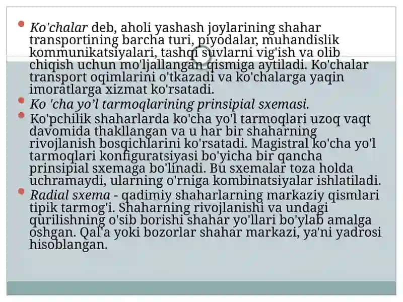 Shahar ko‘chalarini va yo‘llarini loyihalash va ularni shahar tarixida joylashtirishni o‘rganish 4