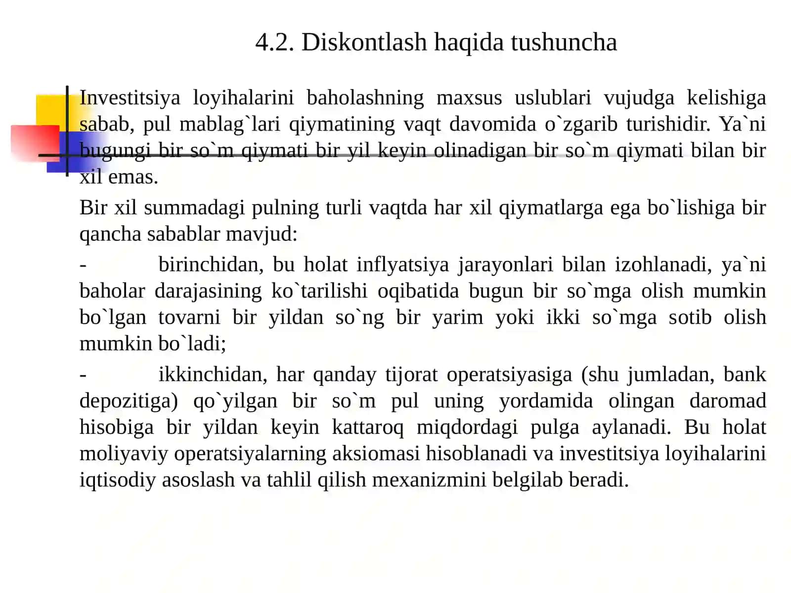 INVESTITSIYA LOYIHALARINI MOLIYAVIY- IQTISODIY BAHOLASHNING USLUBIY ASOSLARI (6-SOAT) 4