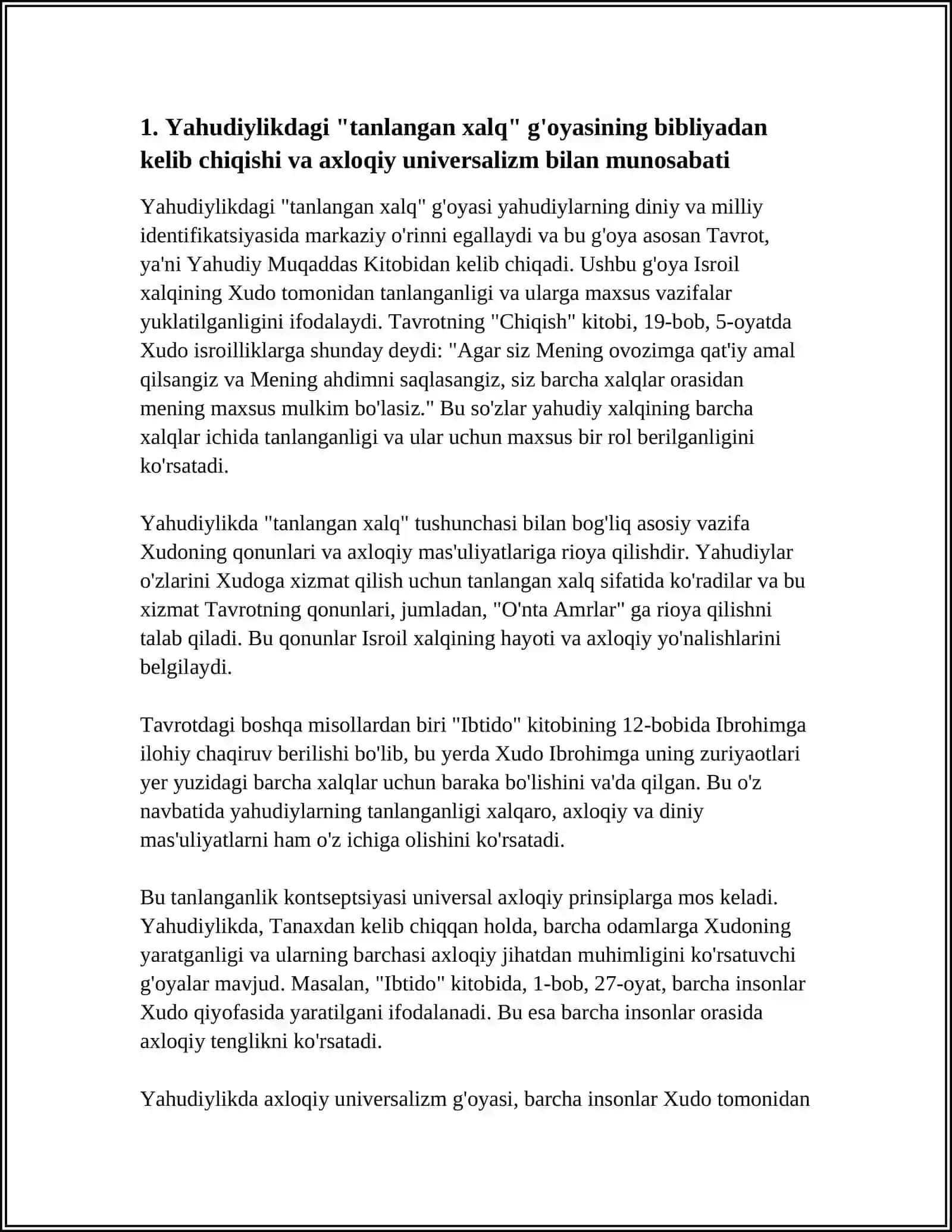 YAHUDIYLIKDAGI "TANLANGAN XALQ" G'OYASINI AXLOQIY UNVERSALIZM NUQTAYI NAZARINI IZOHLAB BER 4