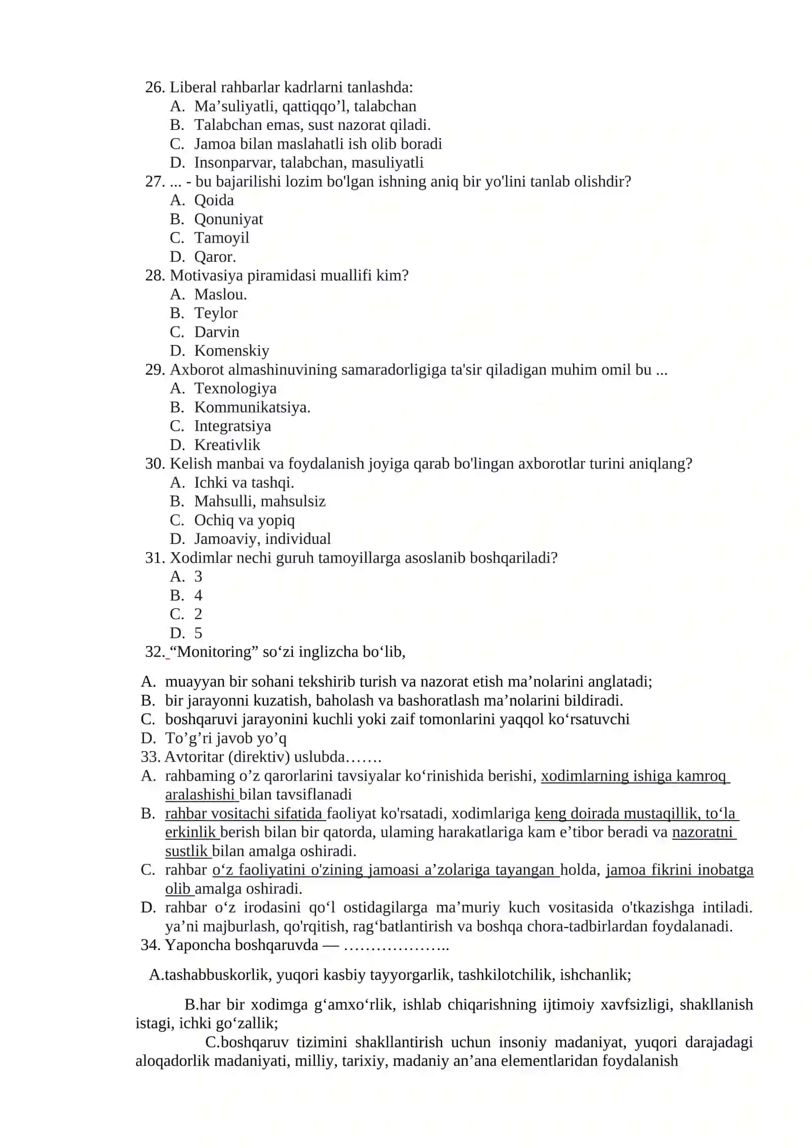 Boshlang’ich Ta’lim Menejmenti Umumiy Test Savollari 4