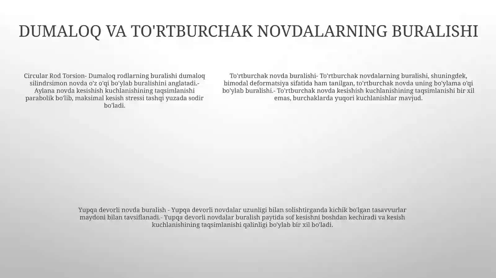 Buralish Deformatsiyasi.Tòģri Tòrtburchak Sterjenlarning Buralishi. Yupqa Devorli Sterjenlarning Erkin Va Erkin Bòlmagan Buralishi. Buralishda Kuchlanganlik Va Deformatsiya Holatlarining Tahlili 4