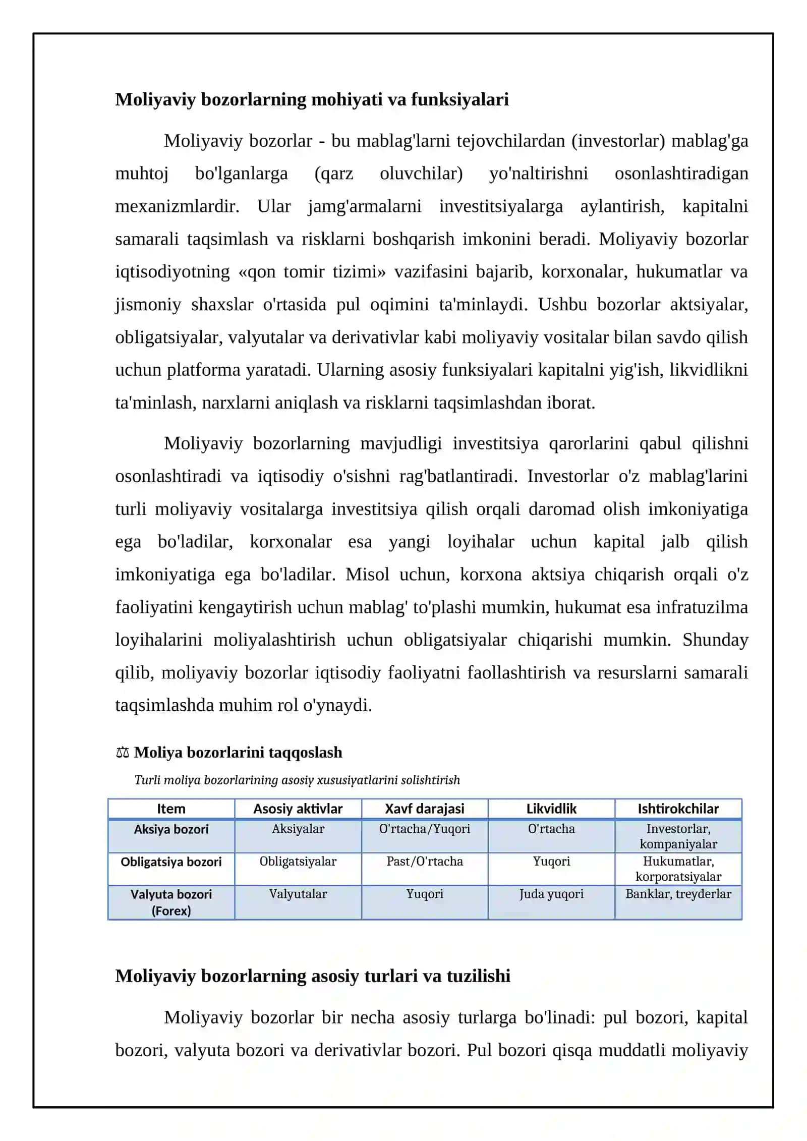 Moliyaviy bozorlar: Asosiy tushunchalar va tuzilma 4