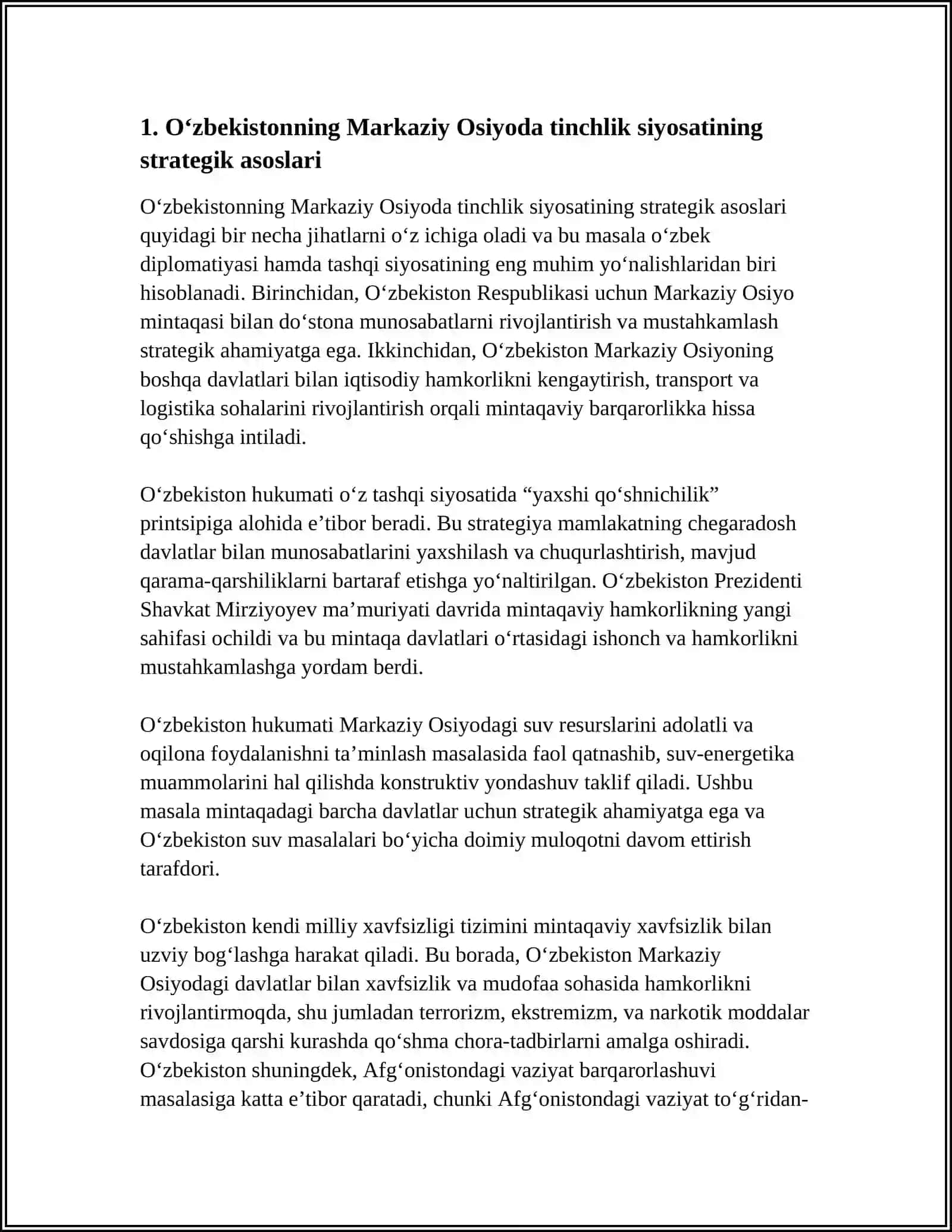 OʻZBEKISTONNING MARKAZIY OSIYODA TINCHLIK VA BARQARORLIKNI TAʼMINLASHDAGI OʻRNI 4