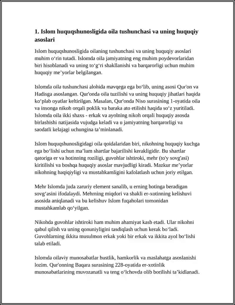 ISLOM HUQUQSHUNOSLIGIDA OILA, NIKOH, TALOQ, IDDA, ZIHOR TUSHUNCHALARINI TAʼRIFLASH VA TAQDIMOT TAYYORLASH 4