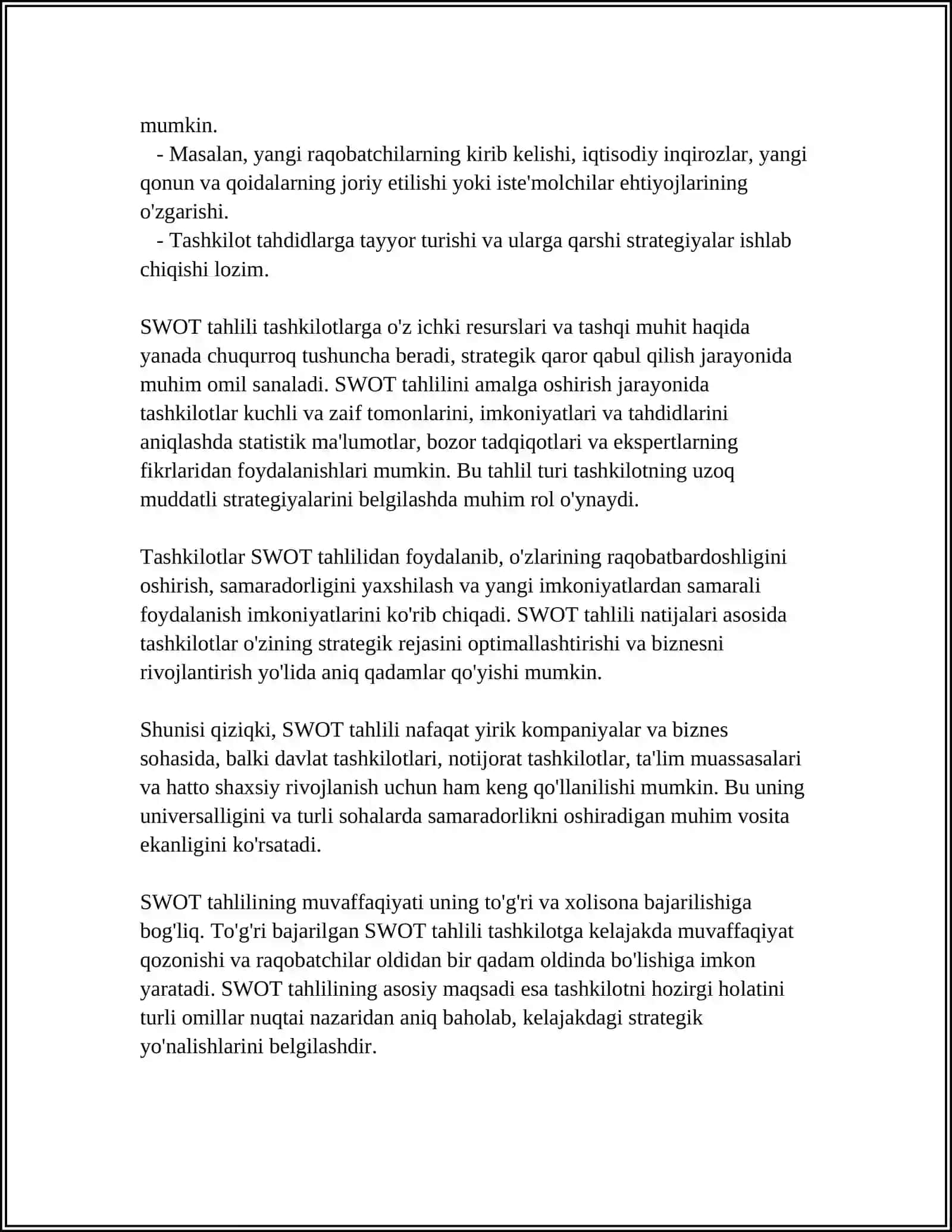 OZIQ-OVQAT SANOATI KORXONALARIDA SWOT ANALIZINING AHAMIYATI 4