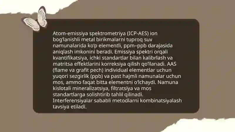 Tuproq suvining ifloslanishida ion bogʻlanishli birikmalarni aniqlash 4