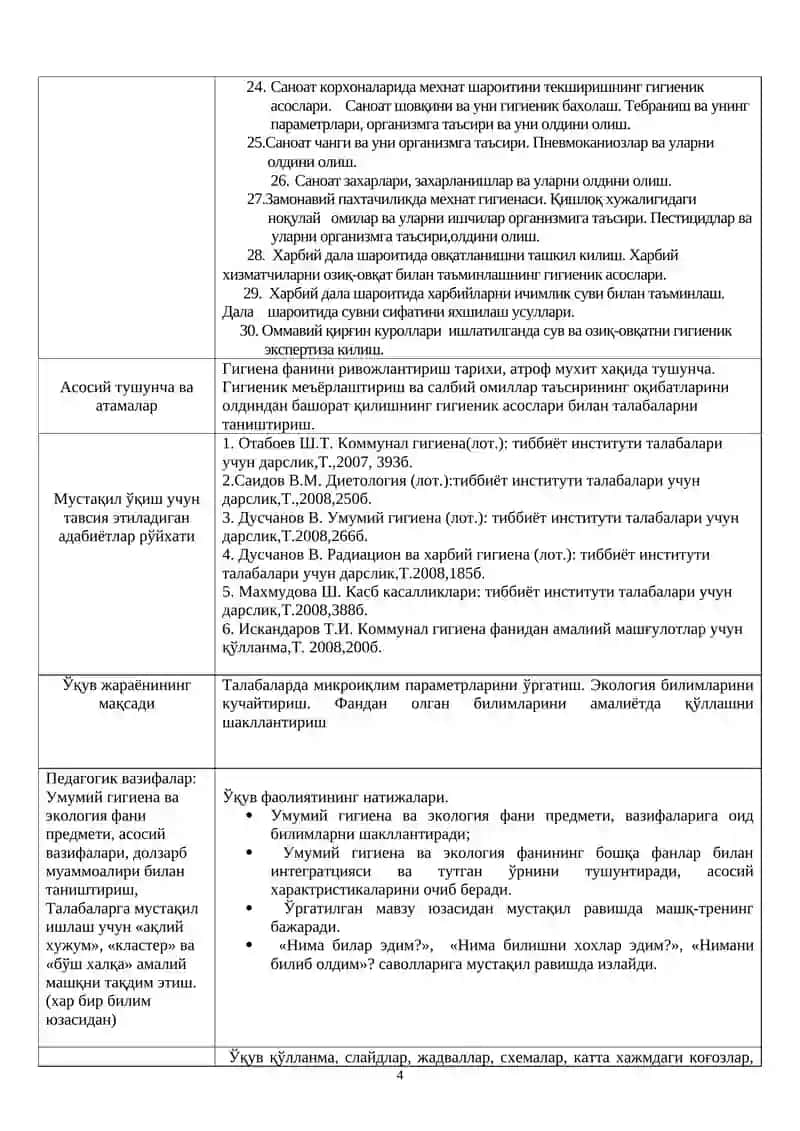 "Умумий гигиена ва экология" фанидаги амалий машғулотлар 4