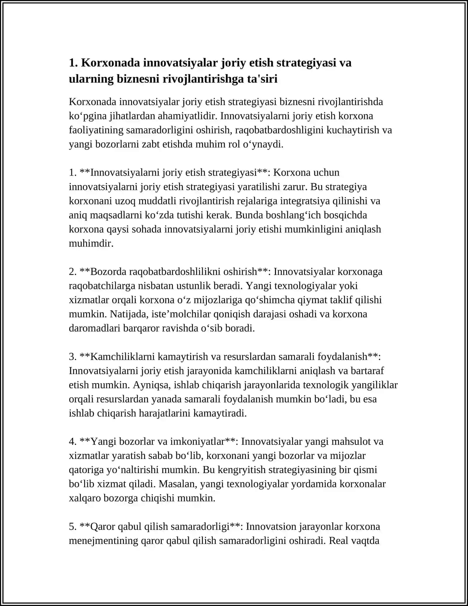INOVATSIYALAR VA BIZNESNI RIVOJLANTIRISH MAVZUSIDA MUSTAQIL ISH TAYYORLAB BER 4