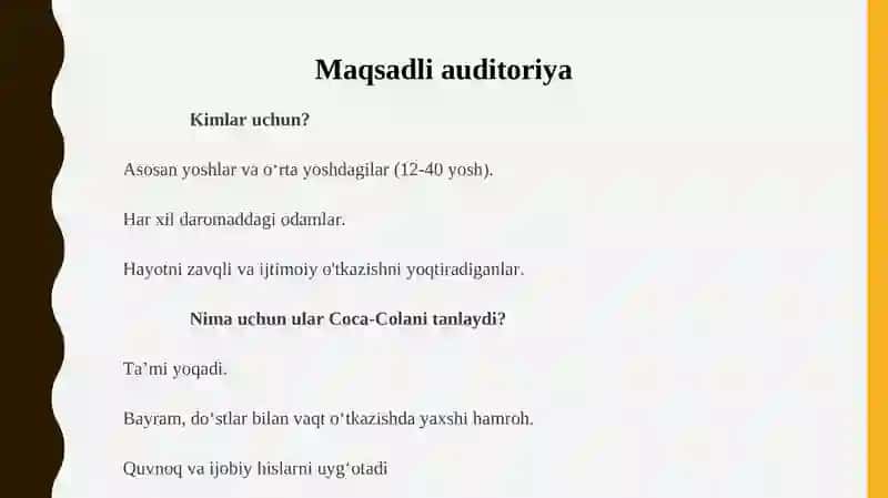 Coca-Cola brendi raqobat muhiti, maqsadli auditoriyasi va pozitsiyasi tahlili 4