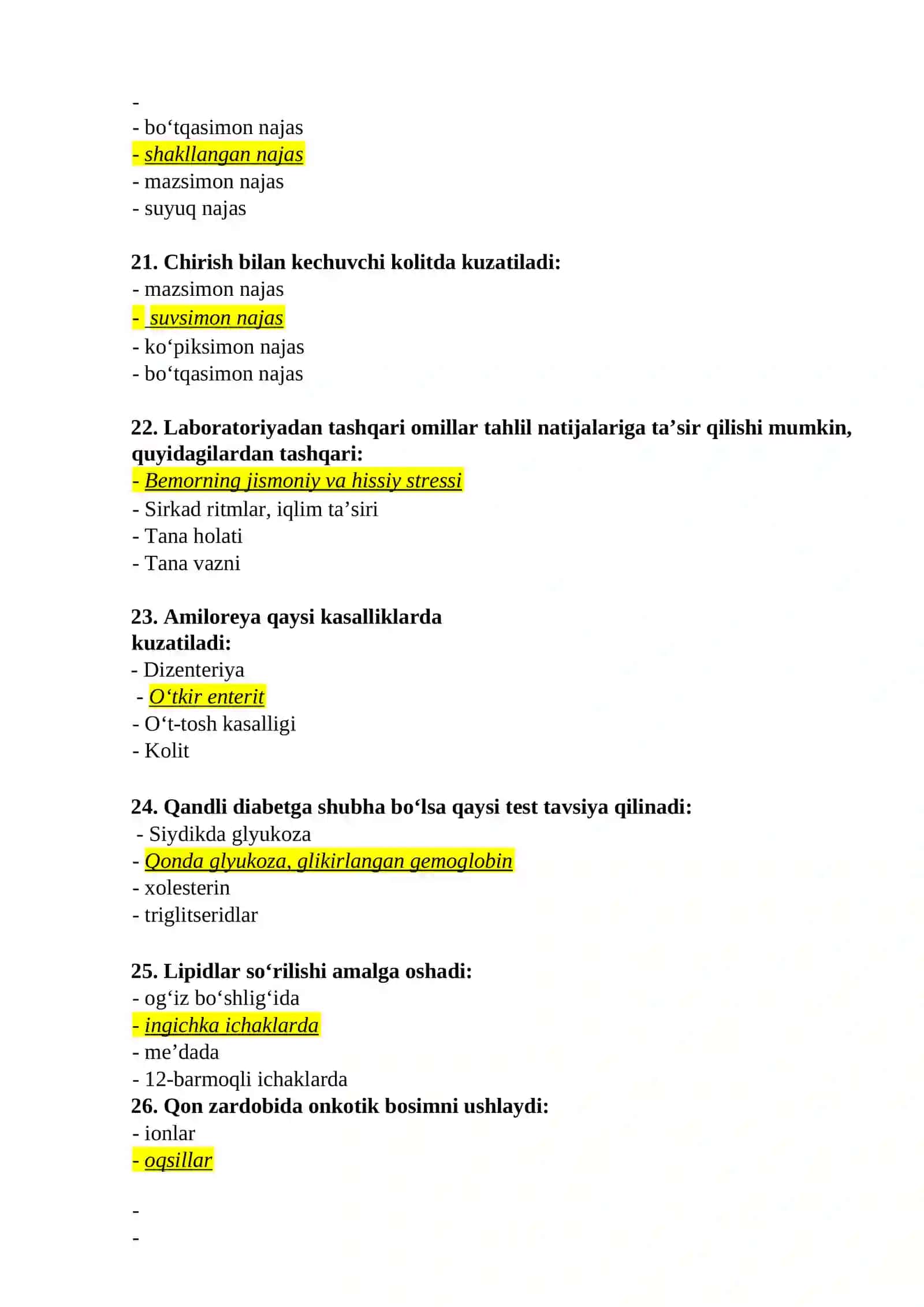 Klinik laboratoriya diagnostikasi mutaxasisiligi bo’yicha shakllantirilgan test savollari ro’yxati 4