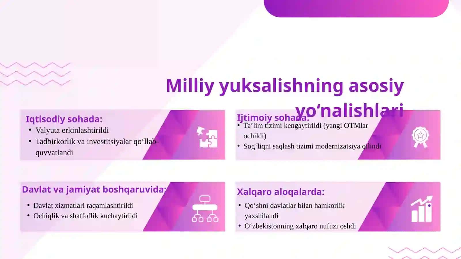 Yangi O‘zbekistonda Prezident Sh.M.Mirziyoyev rahbarligi va tashabbusi ostida amalga oshirilayotgan islohotlar 4
