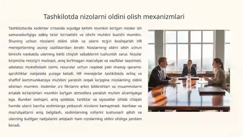 HR TIZIMI: XODIMLAR BILAN ALOQALAR, NIZOLARNI OLDINI OLISH VA HR MENEJERNING ROLI 4
