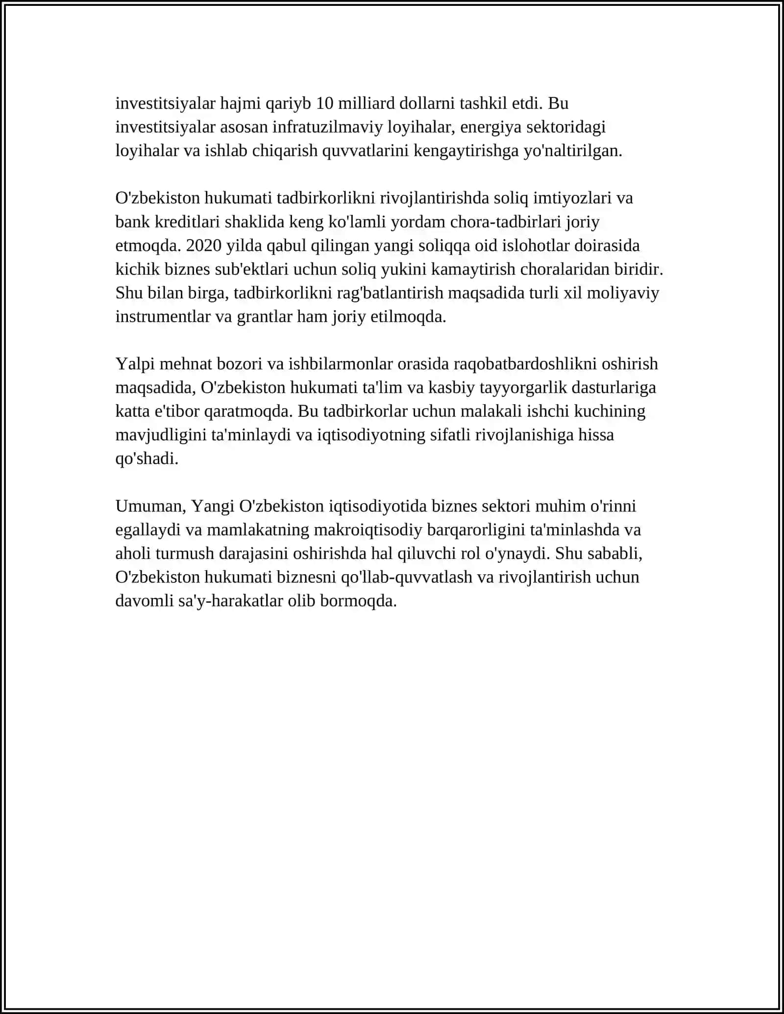 YANGI O’ZBEKISTON IQTISODIYOTIDA BEZNESNING O’RNI 4