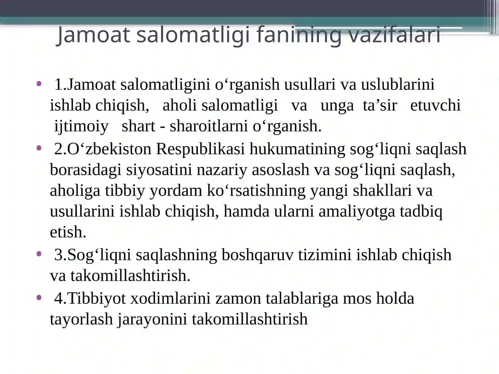 Jamoat salomatligi va sog`liqni saqlashni tashkil etish” faniga kirish. Tibbiyot statistikasi asoslari 4