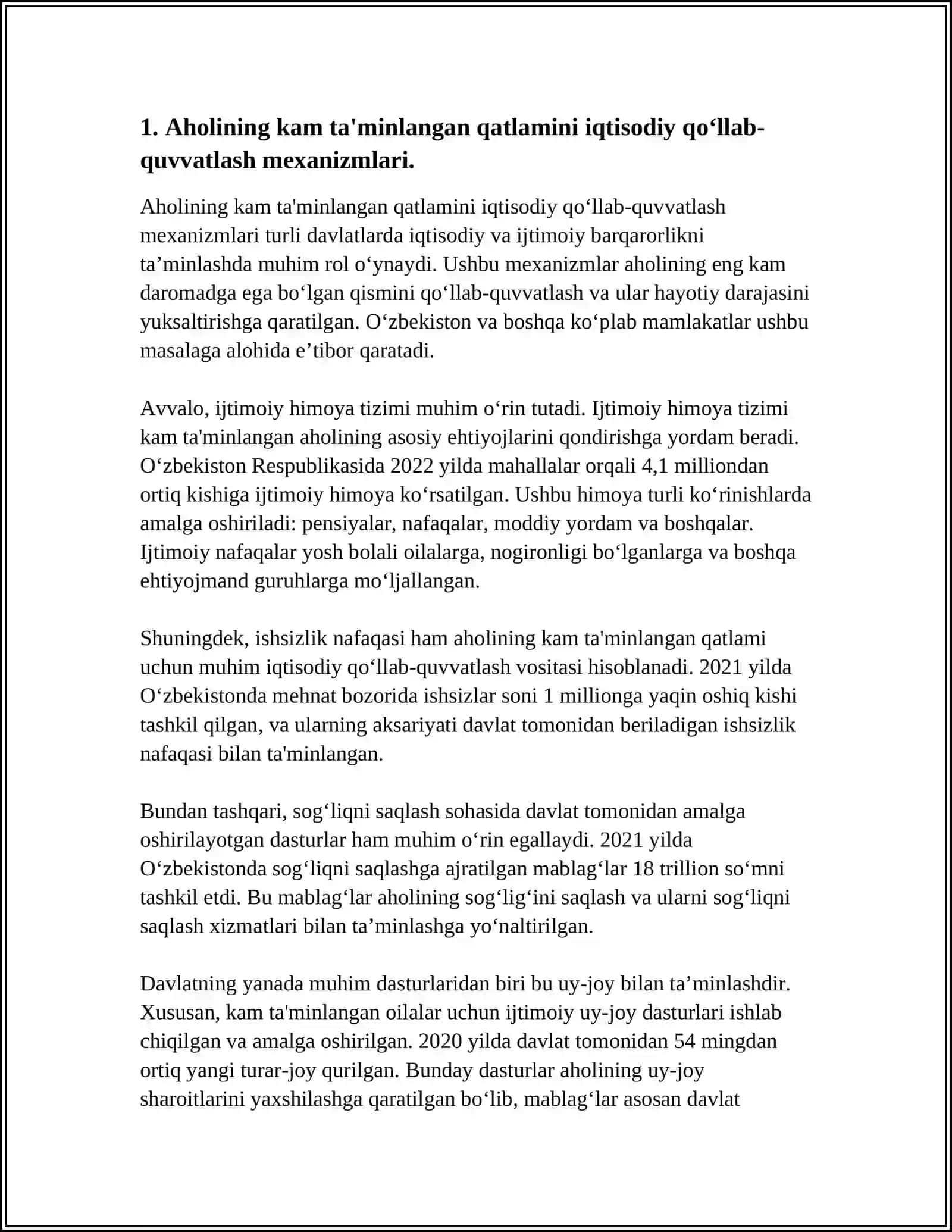 AHOLINING KAM TA'MINLAGAN QATLAMINI QO‘LLAB-QUVVATLASH VA SOG’LIQNI SOQLASH TIZIMIDAGI ISLOHOTLAR. KUCHLI IJTIMOIY SIYOSATNING XUSUSIYATLARI VA USTUVOR YO‘NALISHLARI 4