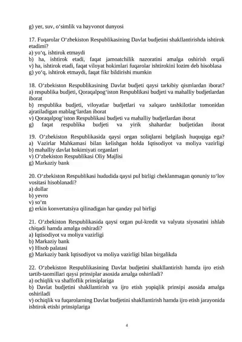 Yangi tahrirdagi O‘zbekiston Respublikasi Konstitutsiyasi fanidan test savollari 4