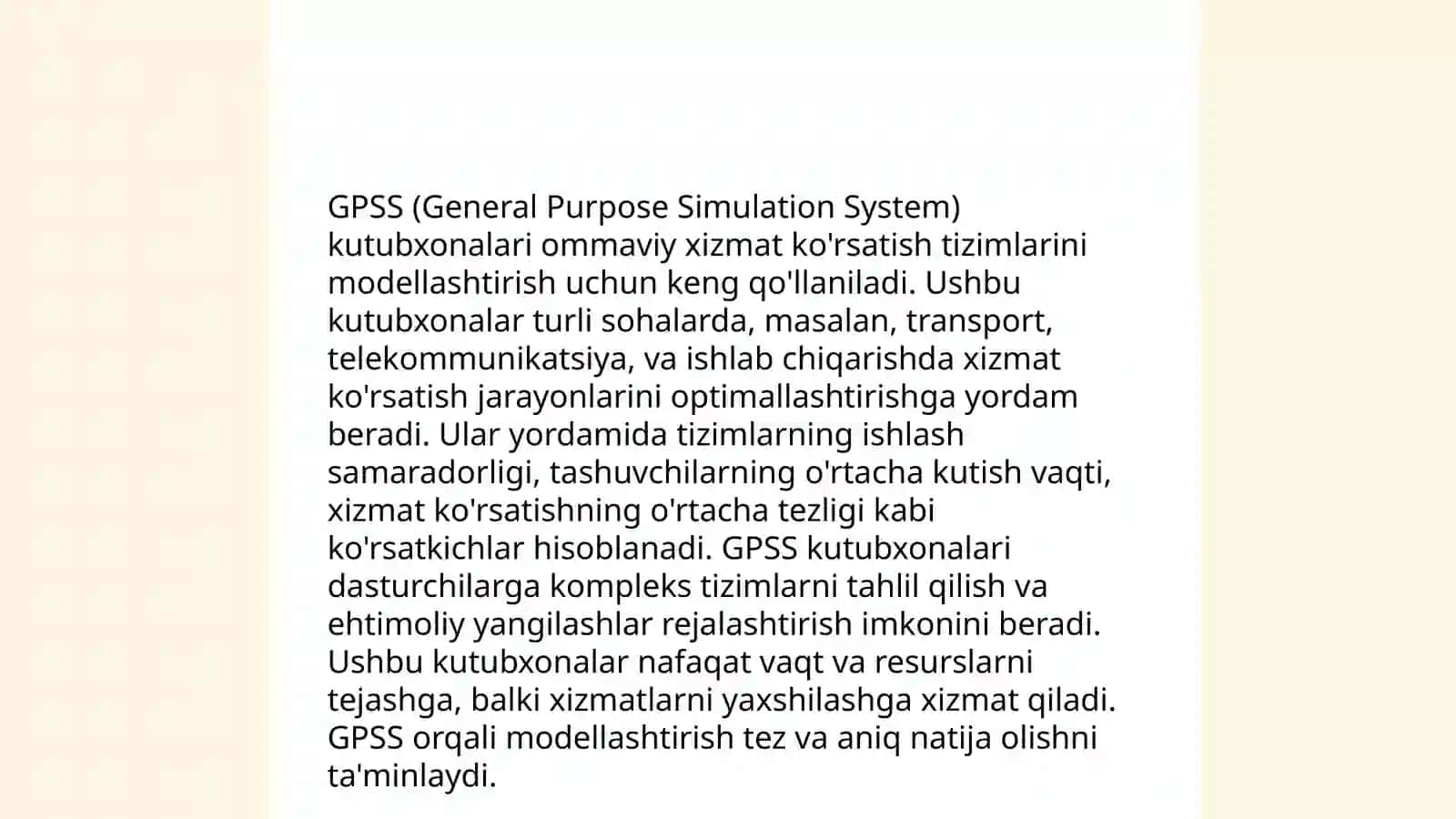GPSS muhitida ommaviy xizmat korsatish tizimini modellashtirish kutubxonalaridan foydalanish 4